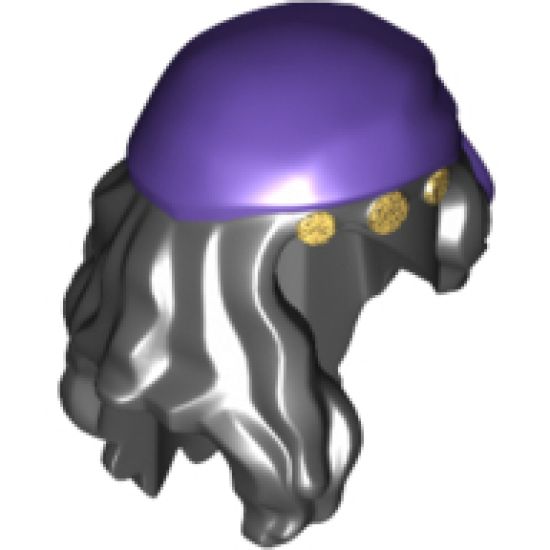 Minifigure, Hair Female Mid-Length with Part over Front of Right Shoulder with Dark Purple Cloth Wrap / Bandana and 3 Gold Coins Pattern