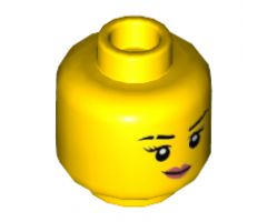 Minifigure, Head Female Black Eyebrows with Gap in Right Eyebrow, Lopsided Smile with Coral Lips Pattern - Hollow Stud