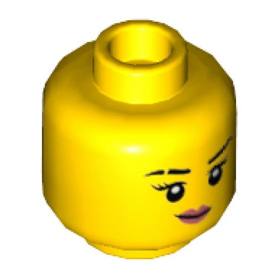 Minifigure, Head Female Black Eyebrows with Gap in Right Eyebrow, Lopsided Smile with Coral Lips Pattern - Hollow Stud
