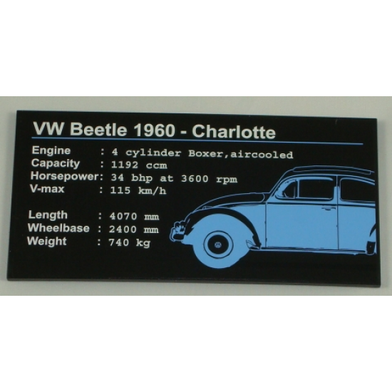 Tile 8 x 16 with Bottom Tubes on Edges with 'VW Beetle 1960 - Charlotte' and Car Specs Pattern (Sticker) - Set 10187