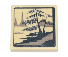 Tile, Modified 2 x 2 Inverted with Ink Wash Painting of Trees, Bridge and Boat Pattern (Sticker) - Set 71741