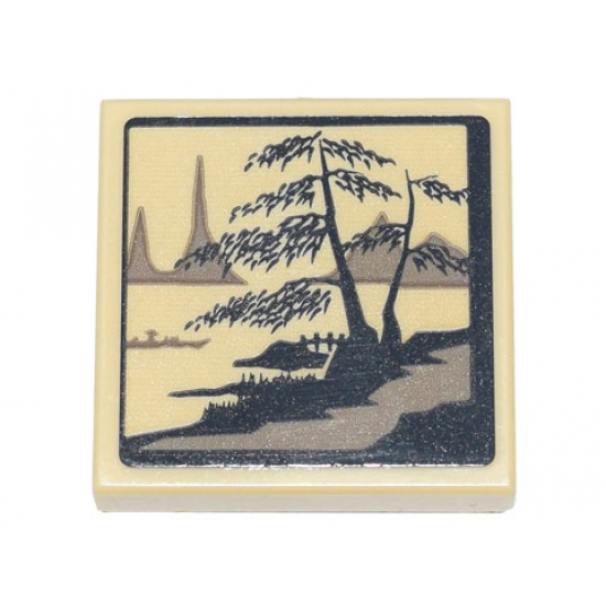 Tile, Modified 2 x 2 Inverted with Ink Wash Painting of Trees, Bridge and Boat Pattern (Sticker) - Set 71741