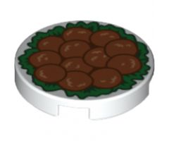 Tile, Round 2 x 2 with Bottom Stud Holder with 12 Chinese Lion's Head Meatballs on Green Garnish Pattern