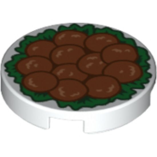 Tile, Round 2 x 2 with Bottom Stud Holder with 12 Chinese Lion's Head Meatballs on Green Garnish Pattern