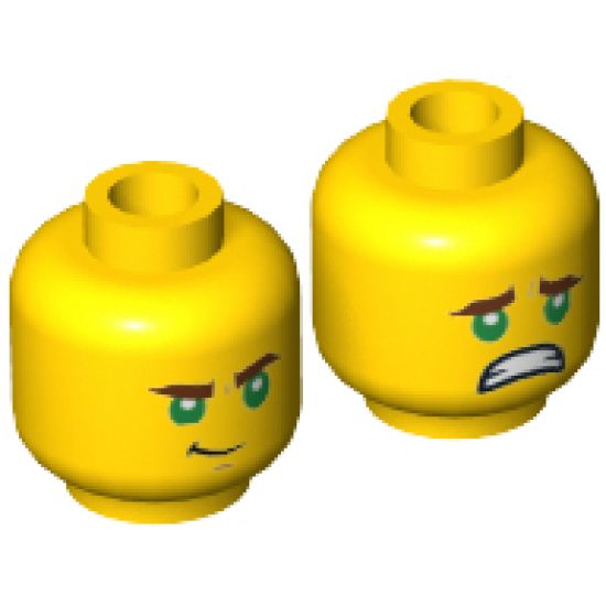 Minifigure, Head Dual Sided with Reddish Brown Thick Eyebrows, Green Eyes, Chin Dimple, Lopsided Grin / Scared with Teeth Pattern - Hollow Stud