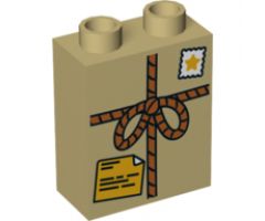 Duplo, Brick 1 x 2 x 2 with Tied Parcel with Star Stamp and Orange Shipping Label Pattern