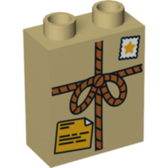 Duplo, Brick 1 x 2 x 2 with Tied Parcel with Star Stamp and Orange Shipping Label Pattern