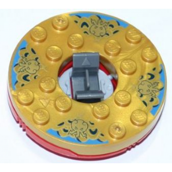Turntable 6 x 6 x 1 1/3 Round Base with Pearl Gold Top with Gold Faces on Blue Pattern (Ninjago Spinner)