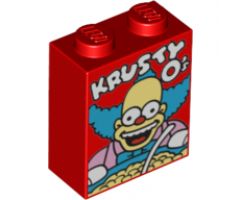 Brick 1 x 2 x 2 with Inside Stud Holder with 'KRUSTY O's' Cereal Box Pattern