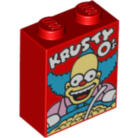 Brick 1 x 2 x 2 with Inside Stud Holder with 'KRUSTY O's' Cereal Box Pattern