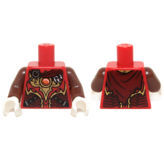 Torso Vest with Dark Red and Gold Armor with Black Straps, Scales, Fire Chi Emblem and Cape with Buckle Pattern / Reddish Brown Arms / White Hands