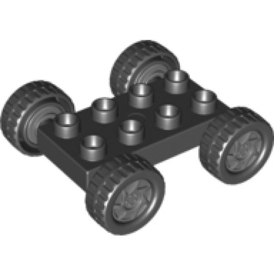 Duplo, Vehicle Car Base 2 x 4 with Fixed Axles, Black Tires and Dark Bluish Gray Wheels