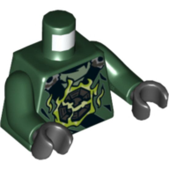 Torso Ninjago Black and Silver Straps, Broken Emblem with Yellowish Green Flames, Round Silver Emblem on Back Pattern / Dark Green Arms / Black Hands