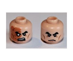 Minifigure, Head Dual Sided Male Black Bushy Eyebrows, Cheek Lines, Scowl/Right Eye Scarred Area Pattern (Flashback Shredder) - Hollow Stud