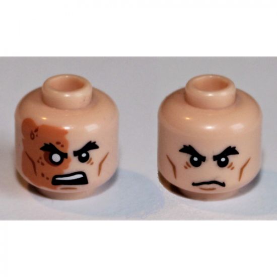 Minifigure, Head Dual Sided Male Black Bushy Eyebrows, Cheek Lines, Scowl/Right Eye Scarred Area Pattern (Flashback Shredder) - Hollow Stud