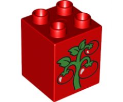 Duplo, Brick 2 x 2 x 2 with Green Vine with 3 Red Tomatoes Pattern (10819)