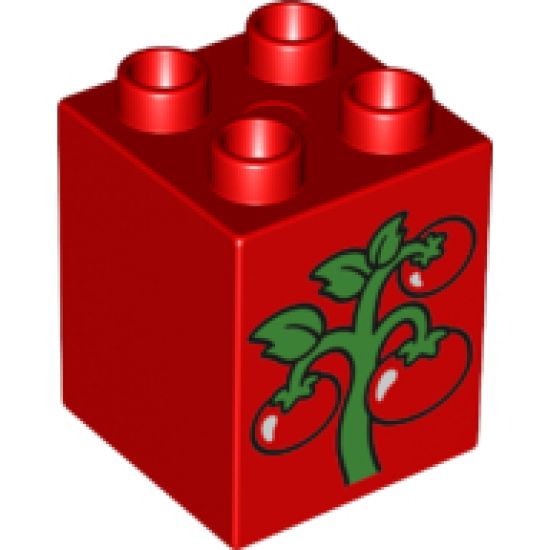 Duplo, Brick 2 x 2 x 2 with Green Vine with 3 Red Tomatoes Pattern (10819)