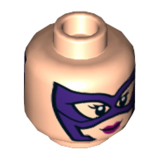 Minifigure, Head Dual Sided Female, Dark Purple Mask, Magenta Lips, Smile / Scowl Showing Teeth Pattern - Hollow Stud