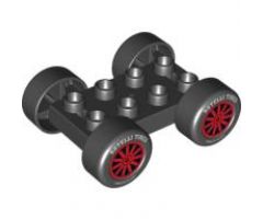 Duplo, Vehicle Car Base 2 x 4 with Black Tires and Red Spokes, 'ROTELLI TIRES' and 'PASTA POTENZA' Wheels Pattern (88760 / 88762c01pb10)
