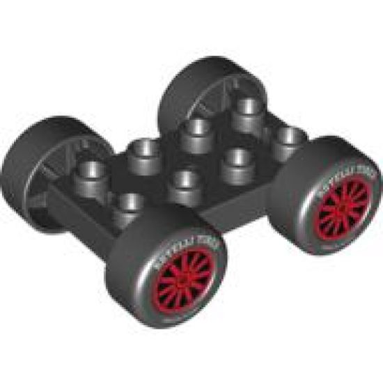 Duplo, Vehicle Car Base 2 x 4 with Black Tires and Red Spokes, 'ROTELLI TIRES' and 'PASTA POTENZA' Wheels Pattern (88760 / 88762c01pb10)