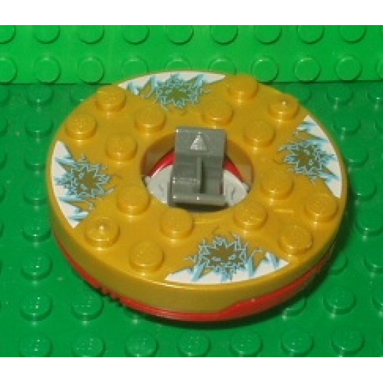 Turntable 6 x 6 x 1 1/3 Round Base with Pearl Gold Top with Gold Faces on White and Blue Pattern (Ninjago Spinner)