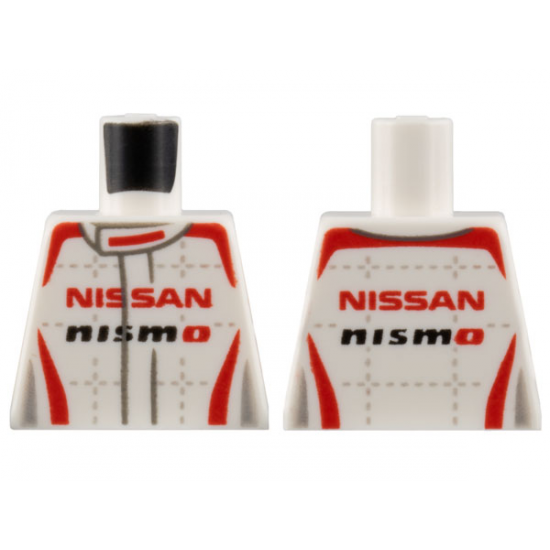 Torso Speed Champions Jumpsuit with Red and Light Bluish Gray Trim, Red 'NISSAN' and Black 'NISMO' Pattern