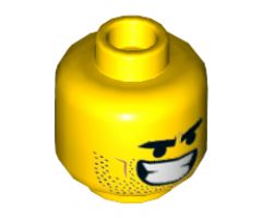 Minifigure, Head Dual Sided Black Eyebrows, Stubble, Closed Eyes and Wide Open Mouth / Lopsided Grin with Teeth Pattern (Rex Dangervest) - Hollow Stud
