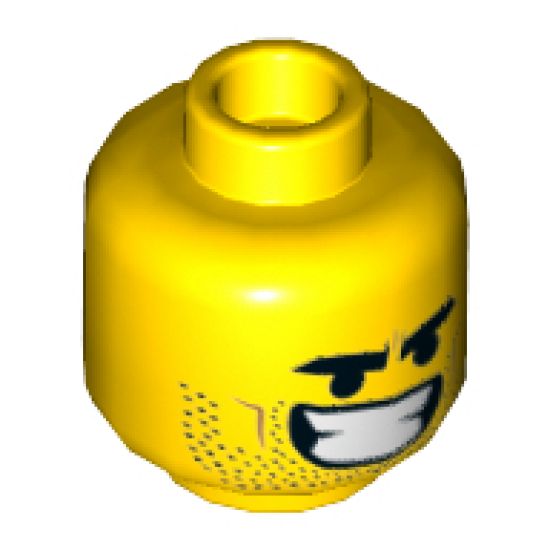 Minifigure, Head Dual Sided Black Eyebrows, Stubble, Closed Eyes and Wide Open Mouth / Lopsided Grin with Teeth Pattern (Rex Dangervest) - Hollow Stud