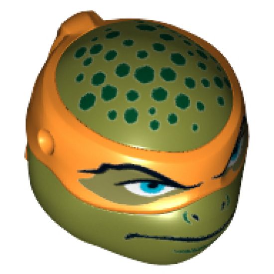 Minifigure, Head, Modified Ninja Turtle Type 2 with Orange Mask and Dark Green Spots Pattern (Michelangelo)