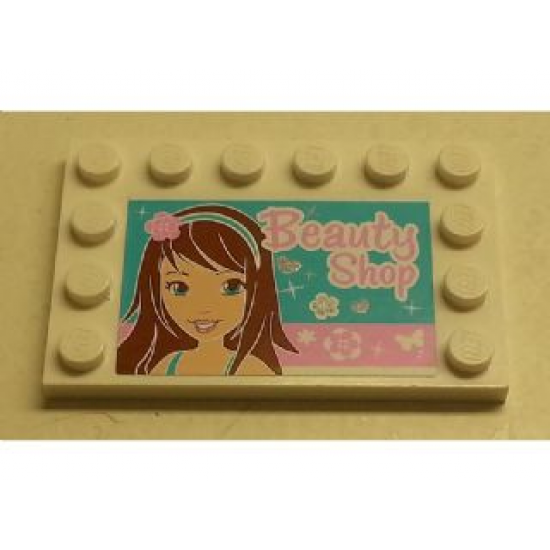 Tile, Modified 4 x 6 with Studs on Edges with Girl and 'Beauty Shop' Pattern (Sticker) - Set 3187