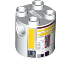 Brick, Round 2 x 2 x 2 Robot Body with Yellow Lines and Dark Red Pattern (R5-F7)
