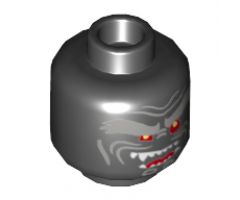 Minifigure, Head Alien with Light Bluish Gray Bushy Eyebrows, Red Eyes, Open Mouth Crooked Smile Right Raised with Fangs Pattern - Hollow Stud