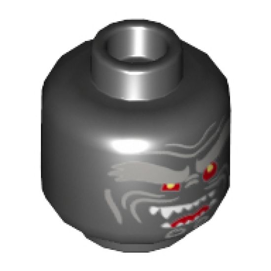 Minifigure, Head Alien with Light Bluish Gray Bushy Eyebrows, Red Eyes, Open Mouth Crooked Smile Right Raised with Fangs Pattern - Hollow Stud