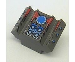 Brick, Modified 2 x 2 No Studs, Sloped with Angled Side Block Extensions with Red Flames and Blue Saw Blade on White Circle Pattern