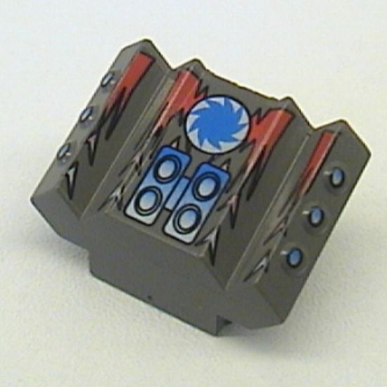 Brick, Modified 2 x 2 No Studs, Sloped with Angled Side Block Extensions with Red Flames and Blue Saw Blade on White Circle Pattern