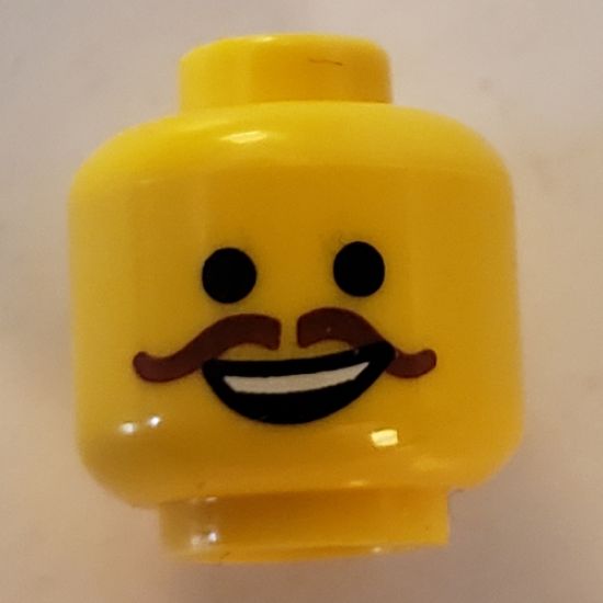 Minifigure, Head Black Eyes, Open Mouth Smile and Curly Brown Moustache Pattern (Western Emmet) - Hollow Stud
