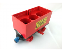 Train Battery Box Car with Two Contact Holes, Red Switch Lever, Blue and Red Magnets, and Red Wheels with 'International TRANSPORT' Pattern on Both Sides (Stickers)
