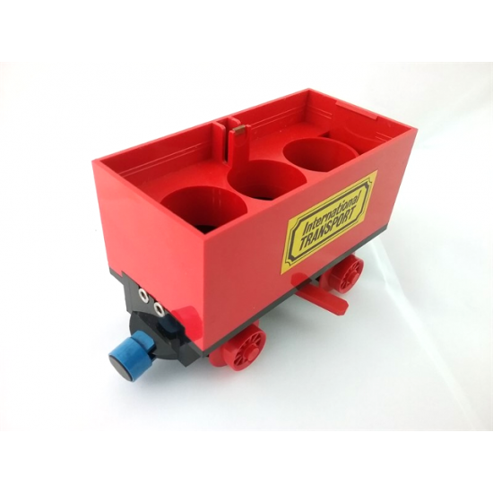 Train Battery Box Car with Two Contact Holes, Red Switch Lever, Blue and Red Magnets, and Red Wheels with 'International TRANSPORT' Pattern on Both Sides (Stickers)