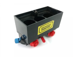 Train Battery Box Car with Two Contact Holes, Red Switch Lever, Blue and Red Magnets, and Red Wheels with 'International TRANSPORT' Pattern on Both Sides (Stickers)