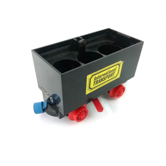 Train Battery Box Car with Two Contact Holes, Red Switch Lever, Blue and Red Magnets, and Red Wheels with 'International TRANSPORT' Pattern on Both Sides (Stickers)