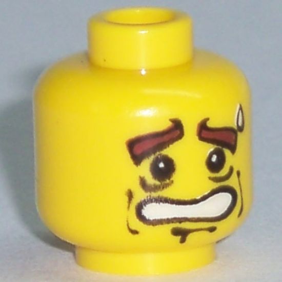 Minifigure, Head Dual Sided Male with Thick Brown Eyebrows Determined / Scared Open Mouth Pattern - Blocked Open Stud