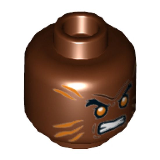 Minifigure, Head Orange Diagonal Stripes, Black Eyebrows, Orange Eyes, Gritted Teeth Pattern - Hollow Stud