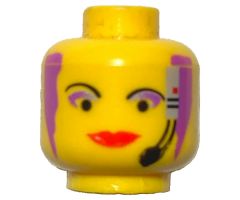 Minifigure, Head Female with Red Lips, Purple Hair and Headset, Wide Lips Pattern - Blocked Open Stud