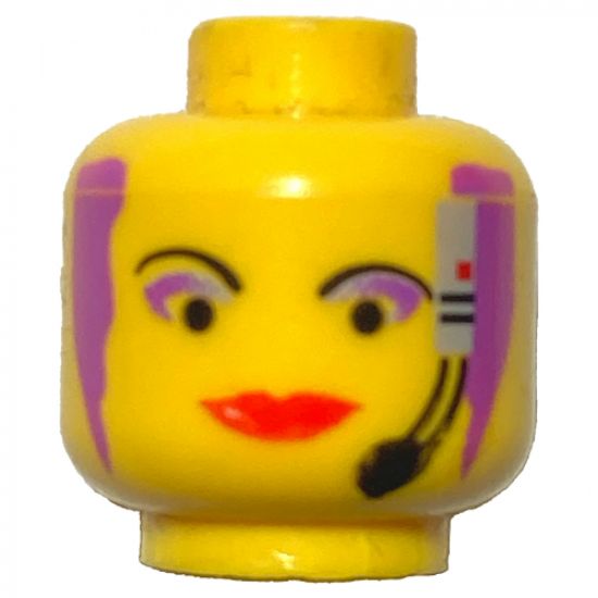 Minifigure, Head Female with Red Lips, Purple Hair and Headset, Wide Lips Pattern - Blocked Open Stud