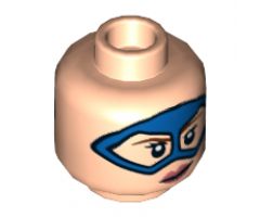 Minifigure, Head Dual Sided Female, Blue Domino Mask, Reddish Brown Eyebrows, Coral Lips, Lopsided Grin / Open Smile Pattern - Hollow Stud