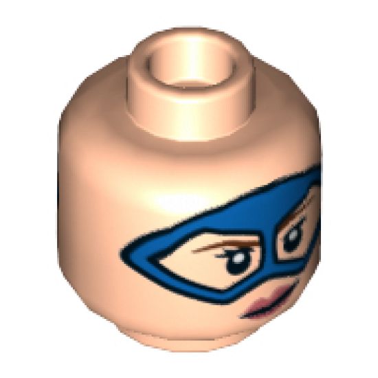 Minifigure, Head Dual Sided Female, Blue Domino Mask, Reddish Brown Eyebrows, Coral Lips, Lopsided Grin / Open Smile Pattern - Hollow Stud