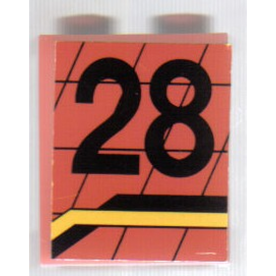 Panel 1 x 2 x 2 - Solid Studs with Black Number 28 and Angled Black and Yellow Lines Pattern, Model Left (Sticker) - Set 8808