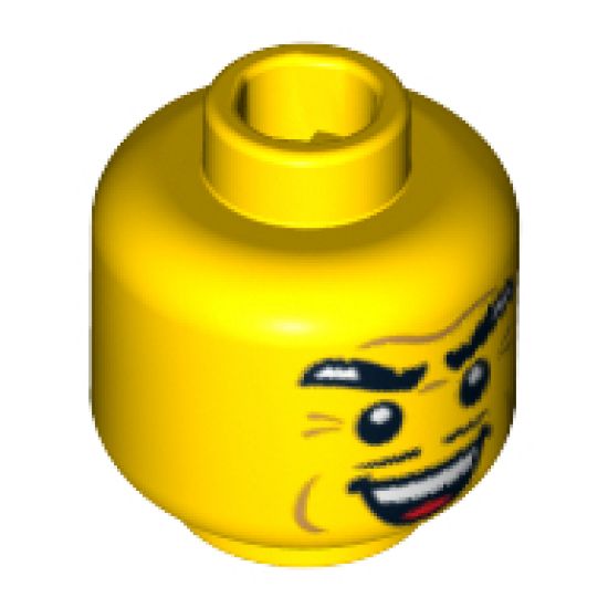 Minifigure, Head Male Thick Eyebrows, Thin Black Moustache, Cheek Dimples, and Sinister Open Smile Pattern - Blocked Open Stud