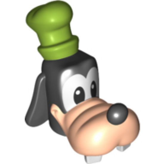 Minifigure, Head, Modified Dog with Light Nougat Muzzle, White Eyes, Buck Teeth and Lime Hat Pattern (Goofy)