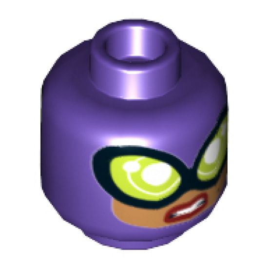 Minifigure, Head Dual Sided Female Balaclava, Large Lime Goggles, Medium Nougat Face, Smile / Sneer Pattern - Hollow Stud